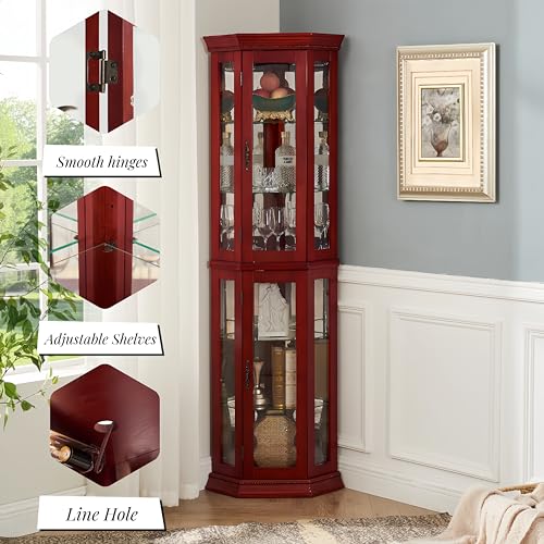 Corner Curio Cabinet Lighted Display with Glass Doors & 4 Adjustable Glass Shelves Z22947