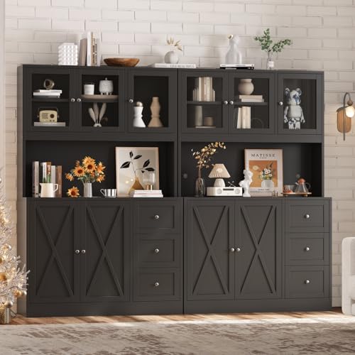Natural Tall Kitchen Pantry Cabinet with Drawer and Glass Doors G7400