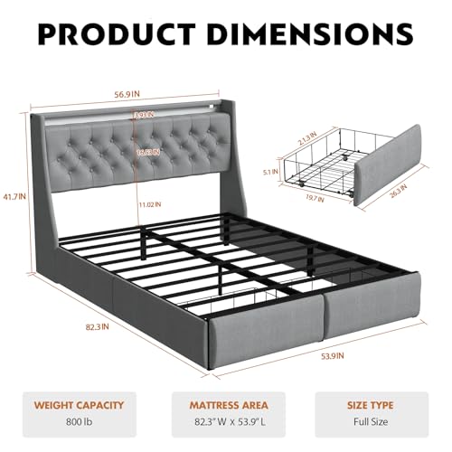 Gray Full Size Upholstered Bed Frame with 4 Storage Drawers and LED Lights A11372