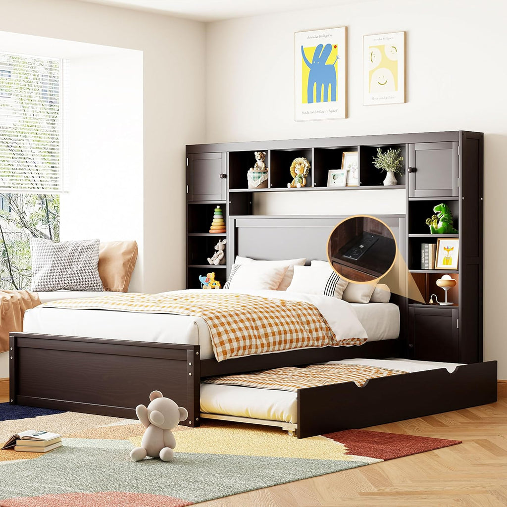 Full Size Wood Storage Bed with Bookcase Headboard and Trundle F681