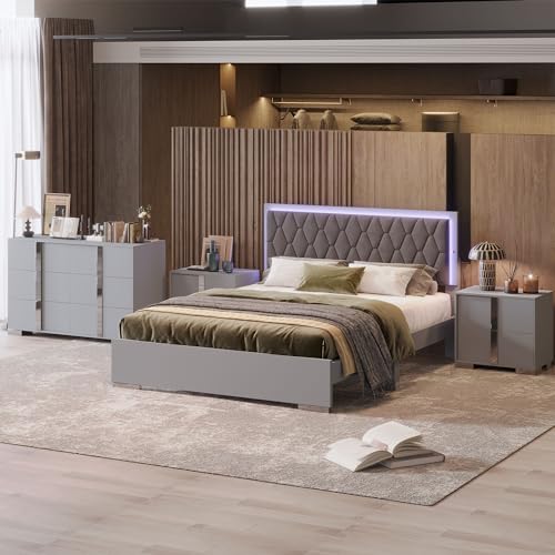 Queen Wood Upholstered Bed with LED Lights, 2 Mirrored Nightstands, 6-Drawer Dresser with Metal Handles and Legs (Grey) M8352