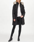 Black Belted Faux-Fur-Trim Hooded Puffer Coat Y728