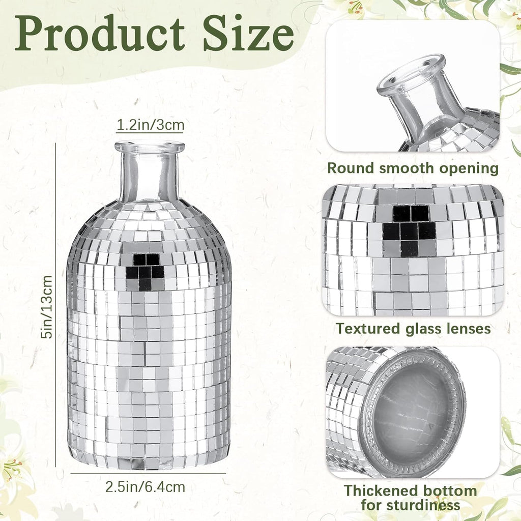6 Pcs Disco Ball Mini Vase 5in Small Glass Bud Vase Silver Mirror Vase G9693