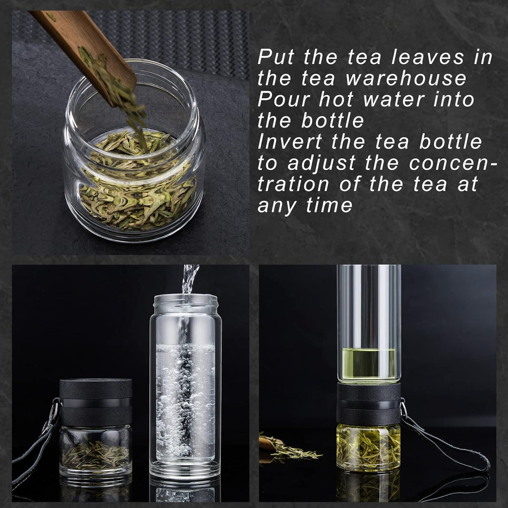 Glass Tea Infuser Bottle Double Wall Borosilicate Portable Travel Tumbler Mug Leakproof 13 OZ N347