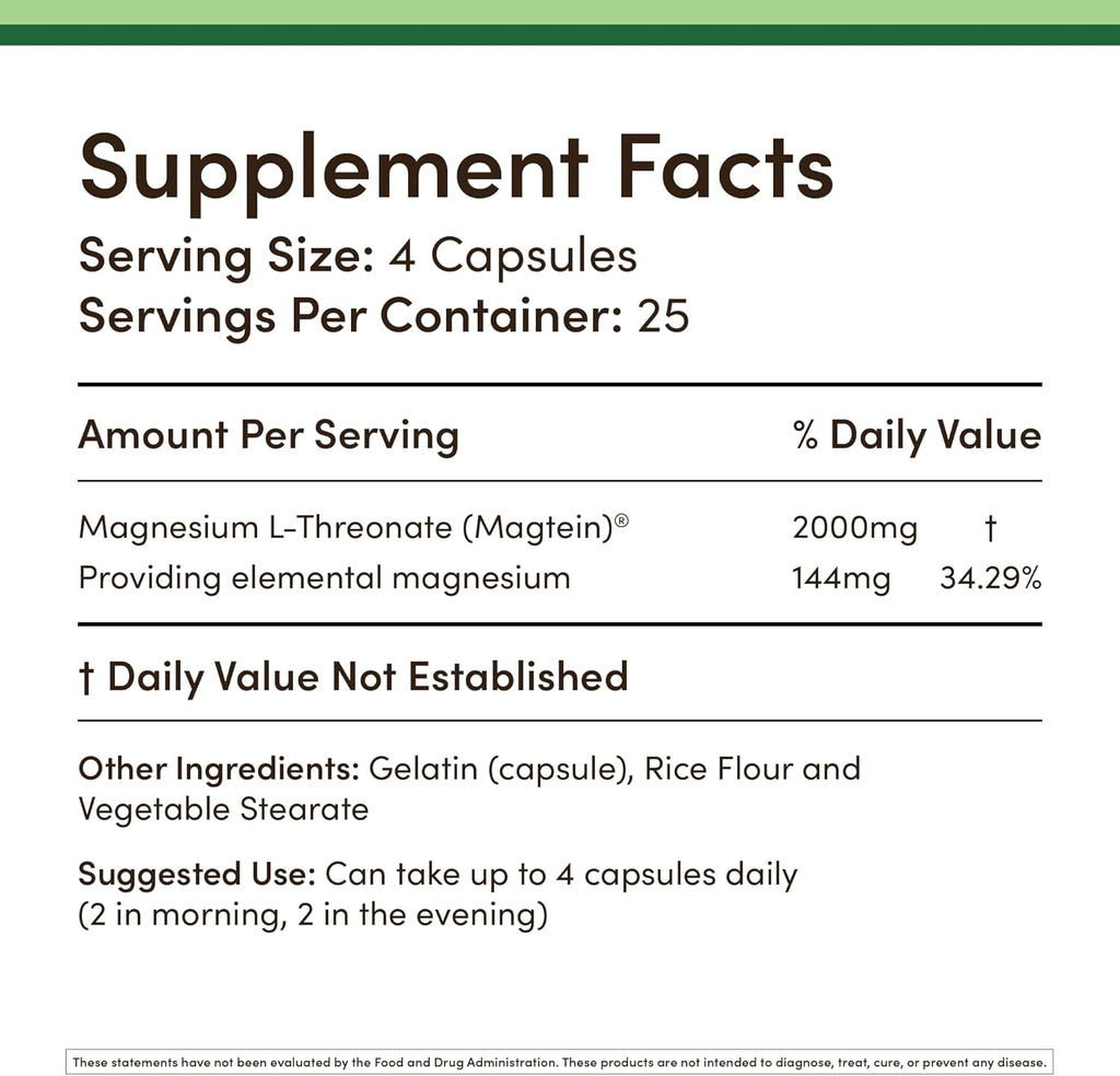 Magnesium L Threonate Capsules 2,000 mg 100 Capsules U860
