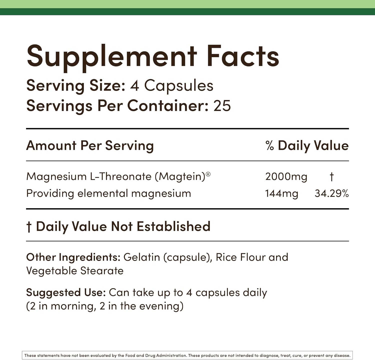 Magnesium L Threonate Capsules 2,000 mg 100 Capsules U860
