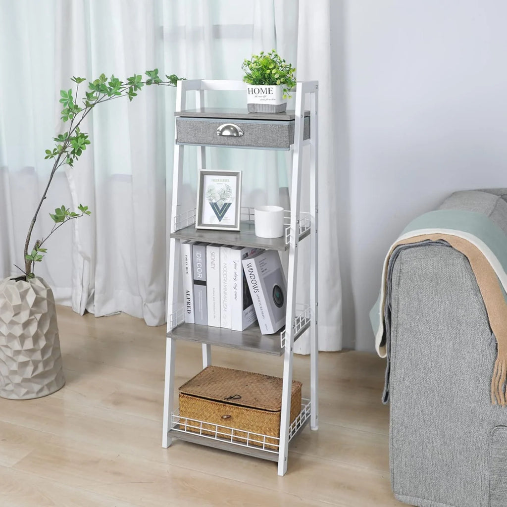 White 4 Tier Ladder Shelf with Drawer S50609