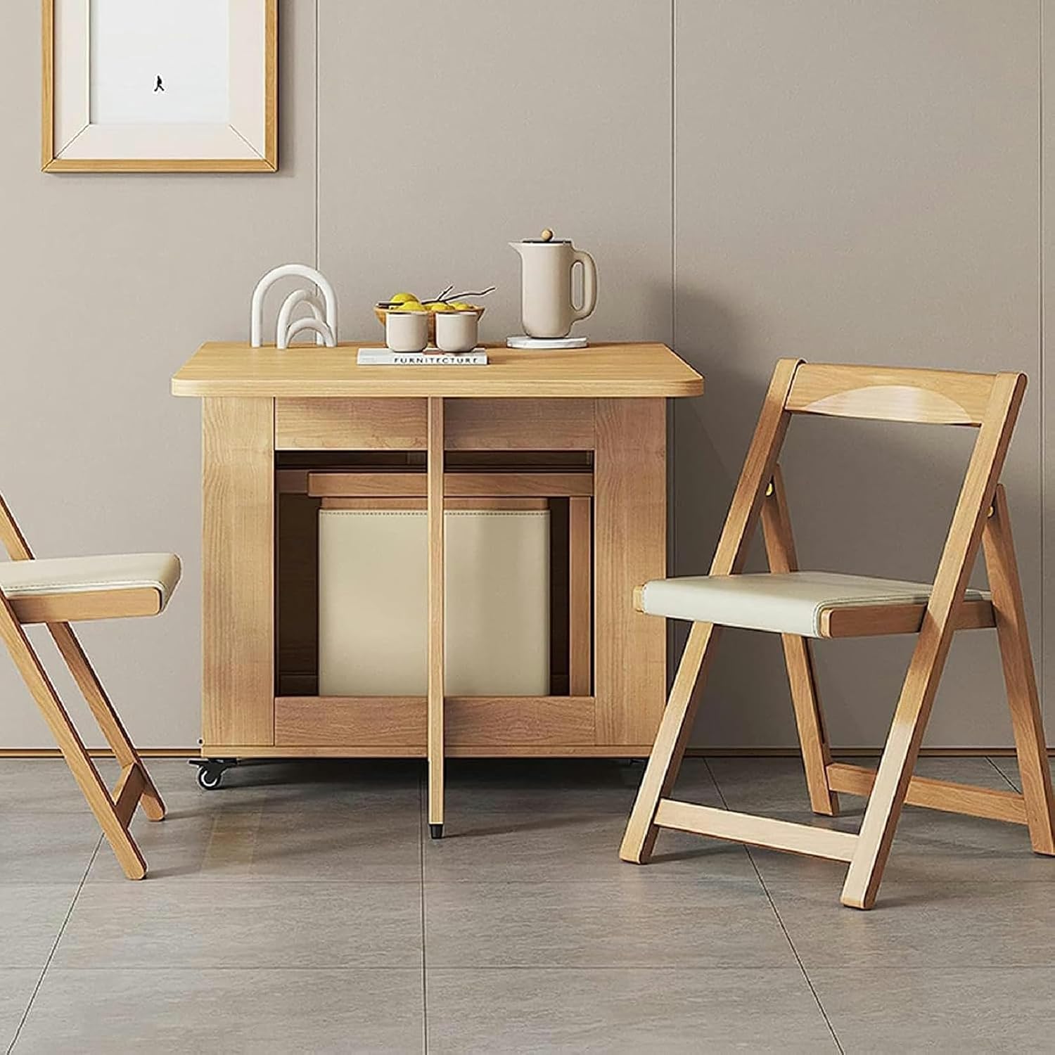 Wooden Extendable Dining Table Set with 4 Chairs, Drop Leaf Tables on Moveable Wheels and 1 Drawers L16915