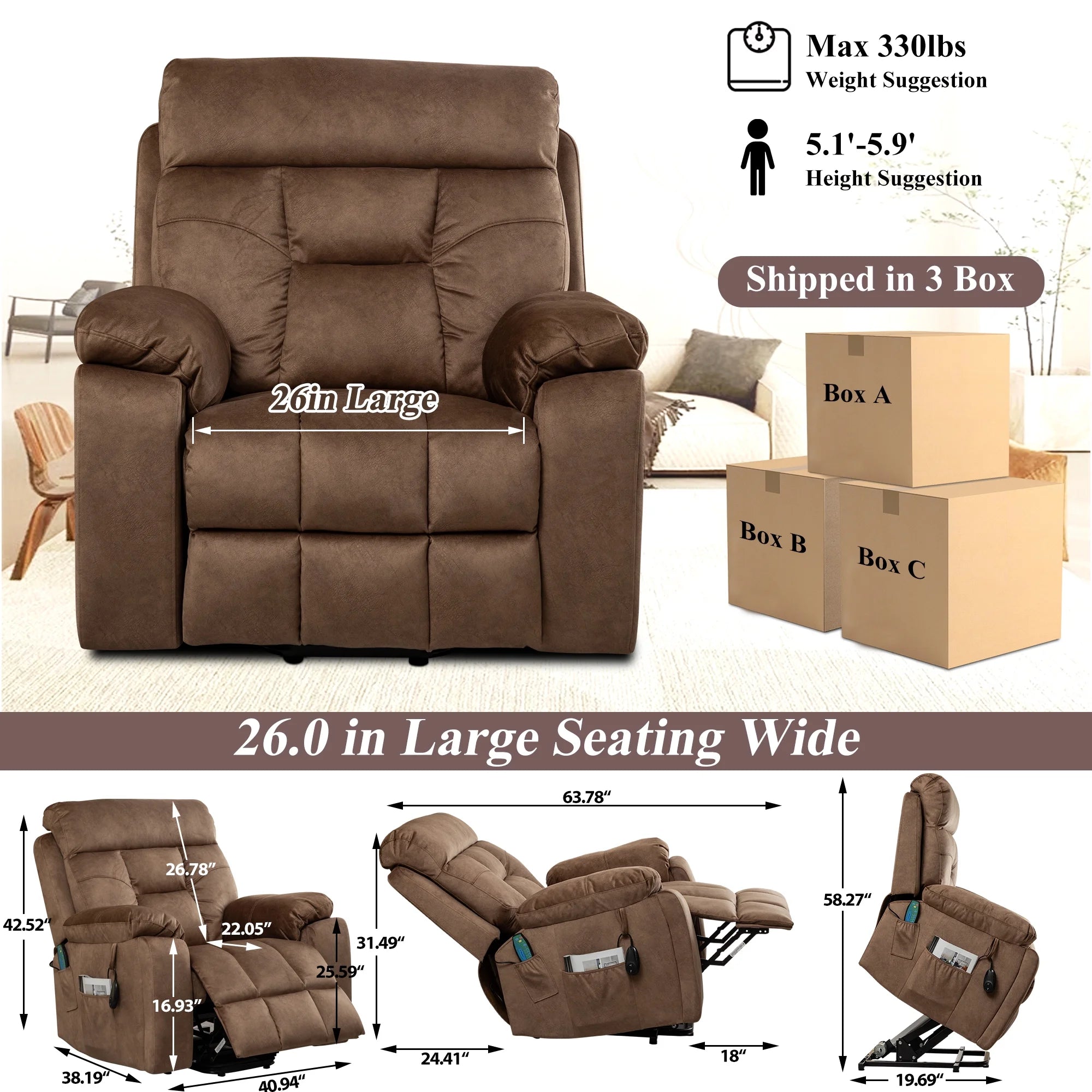 Dark Brown Oversized Electric Lift Recliner Chair with Heat and Massage Z392