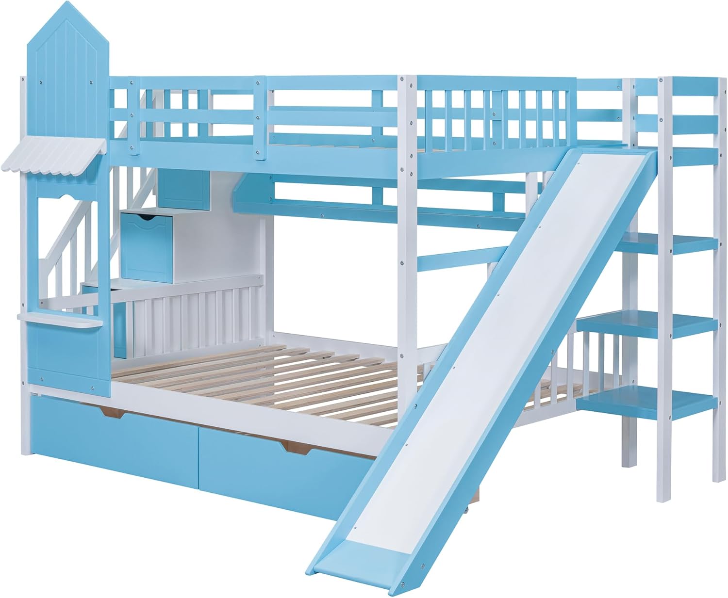 Full Over Full Solid Wood Bunk Bed with Stairs and Slide and Storage Drawers and Bookshelf (Blue) U370