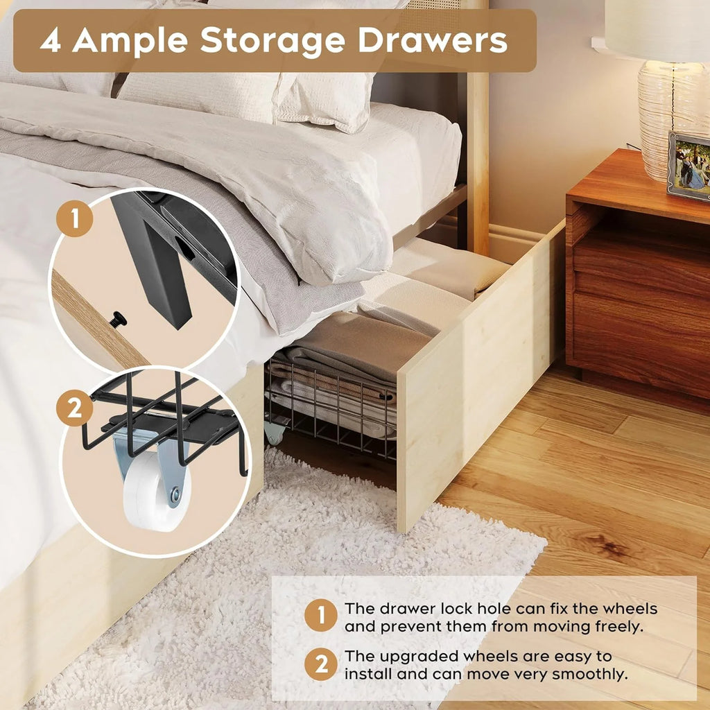 Natural Rattan Queen Bed Frame with Wooden Headboard and 4 Storage Drawers R353431