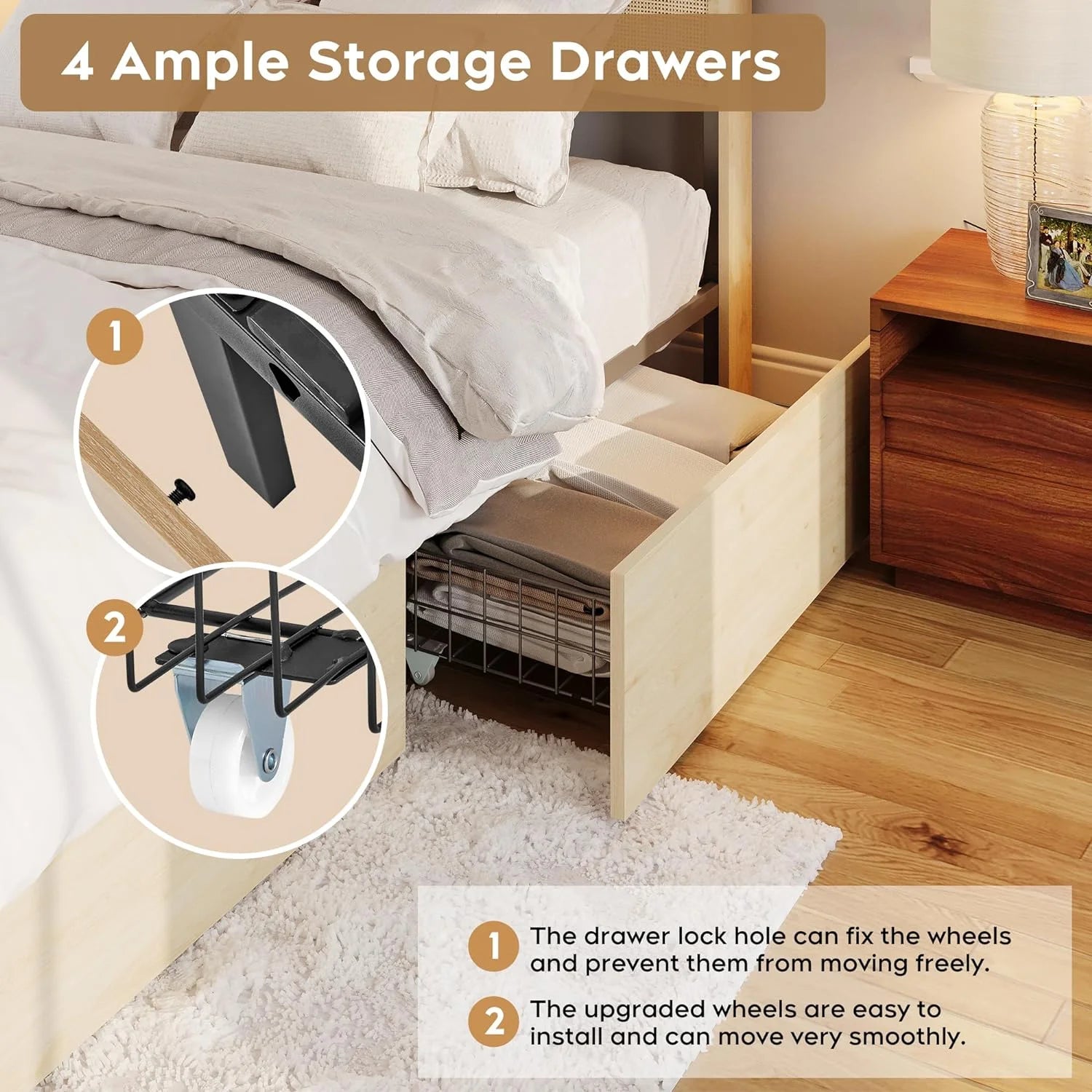 Natural Rattan Queen Bed Frame with Wooden Headboard and 4 Storage Drawers R353431
