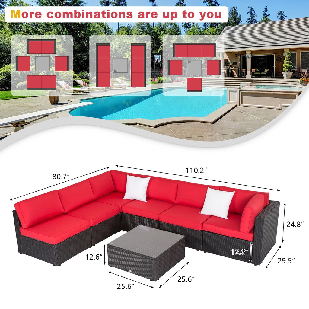7pcs Outdoor Patio Furniture Sectional Pe Rattan Sofa Set with Red Cushions T15045