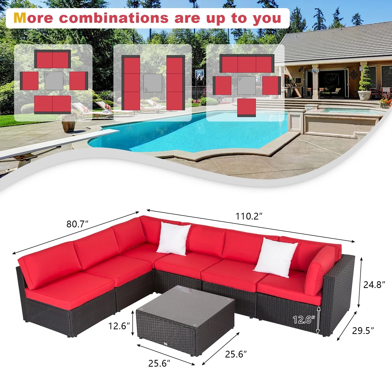7pcs Outdoor Patio Furniture Sectional Pe Rattan Sofa Set with Red Cushions T15045