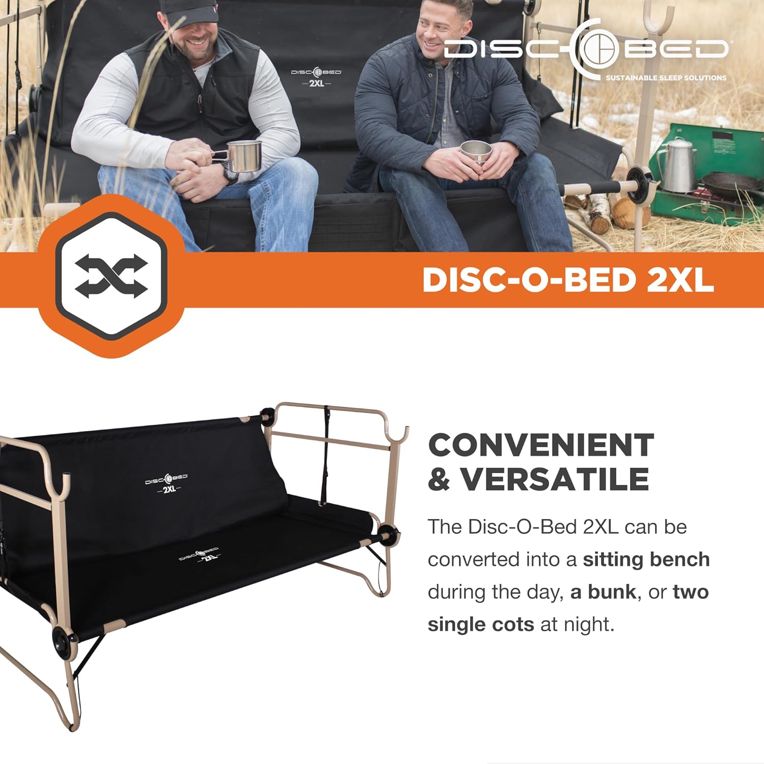 Black Outdoor Convertible 2 Person Camping Cot with 2 Side Organizers W490