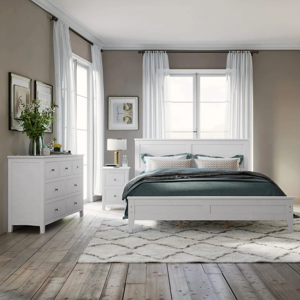 White Queen Size 3 Piece Wood Bedroom Furniture Set W720