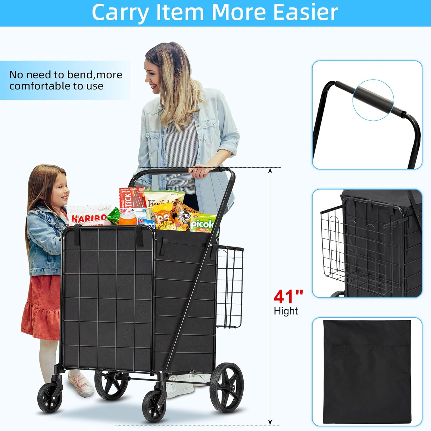 Folding Shopping Cart with Wheels Removable Oxford Cloth Liner Compact Utility Cart Black A6173