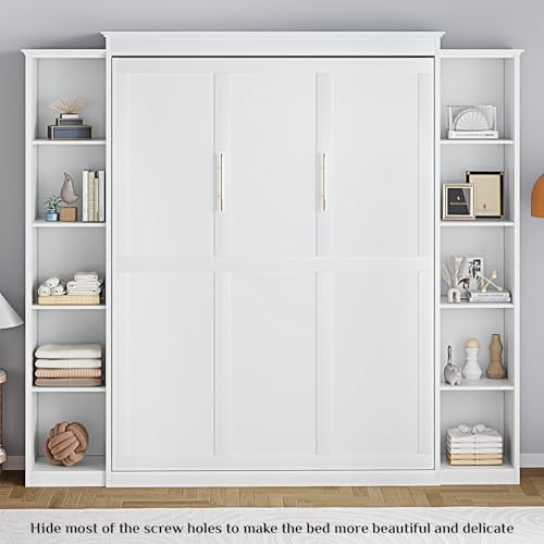 White Queen Murphy Bed Cabinet with 5-Tier Adjustable Storage Shelves L36209