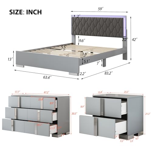 Queen Wood Upholstered Bed with LED Lights, 2 Mirrored Nightstands, 6-Drawer Dresser with Metal Handles and Legs (Grey) M8352