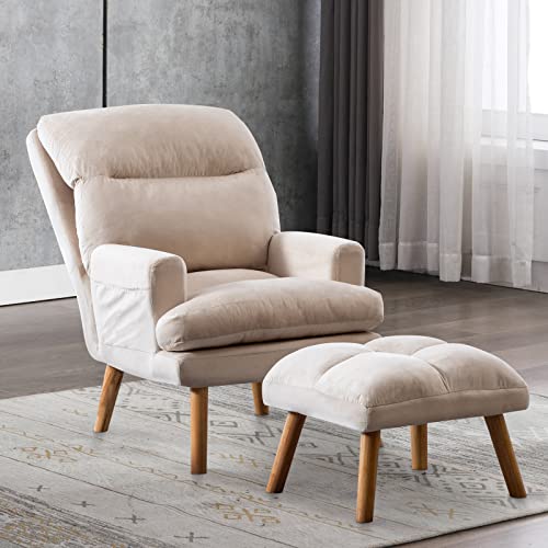 Beige Velvet Accent Chair with Ottoman M4718