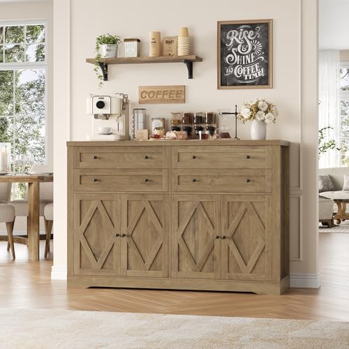 55" Coffee Bar with 4 Large Drawers, Tall Buffet Cabinet with Storage, Adjustable Shelves, Ash Grey H2885