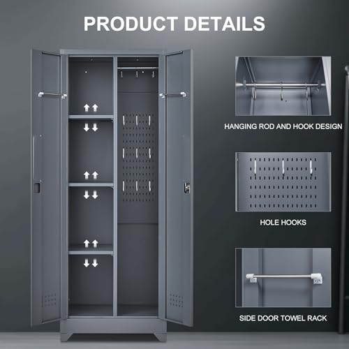 Grey-White Metal Storage Cabinet with Doors and Adjustable Shelves M595553