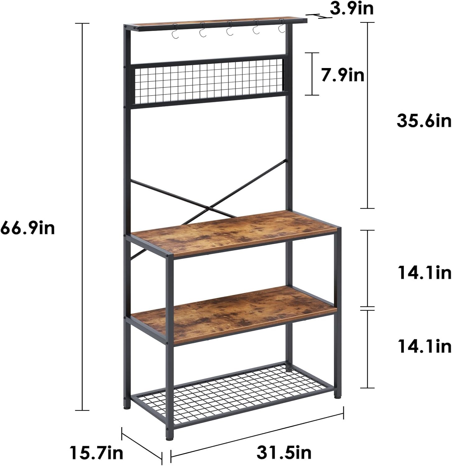 Rustic Brown 4-Tier Baker's Rack with 5 Hooks C855