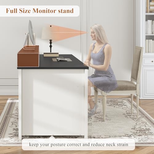 White 63" Wood Desk with File Drawer and Monitor Stand T790