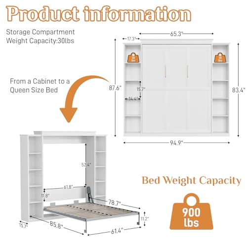 White Queen Murphy Bed Cabinet with 5-Tier Adjustable Storage Shelves L36209