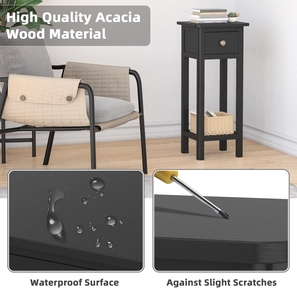 Black Narrow End Table Set of 2 with Drawer & Shelf Q8805