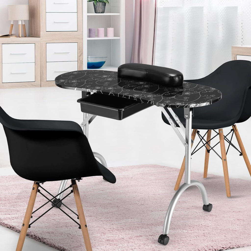 Black Portable Nail Table with Drawer and Casters G4199