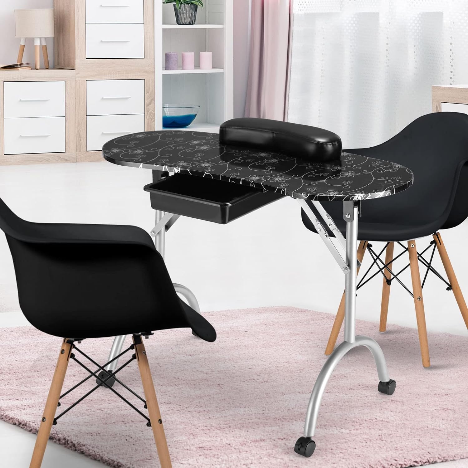 Black Portable Nail Table with Drawer and Casters G4199