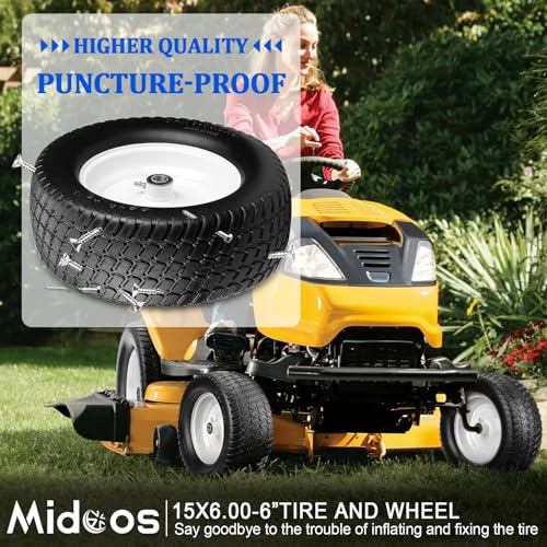 15x6.00-6nhs Lawn Mower Tires Flat Free, 2 Pcs 15x6-6 Tire and Wheel with 3/4" & 5/8" Precision Bearings -1" Bushings & 3" Offset Hub L2658