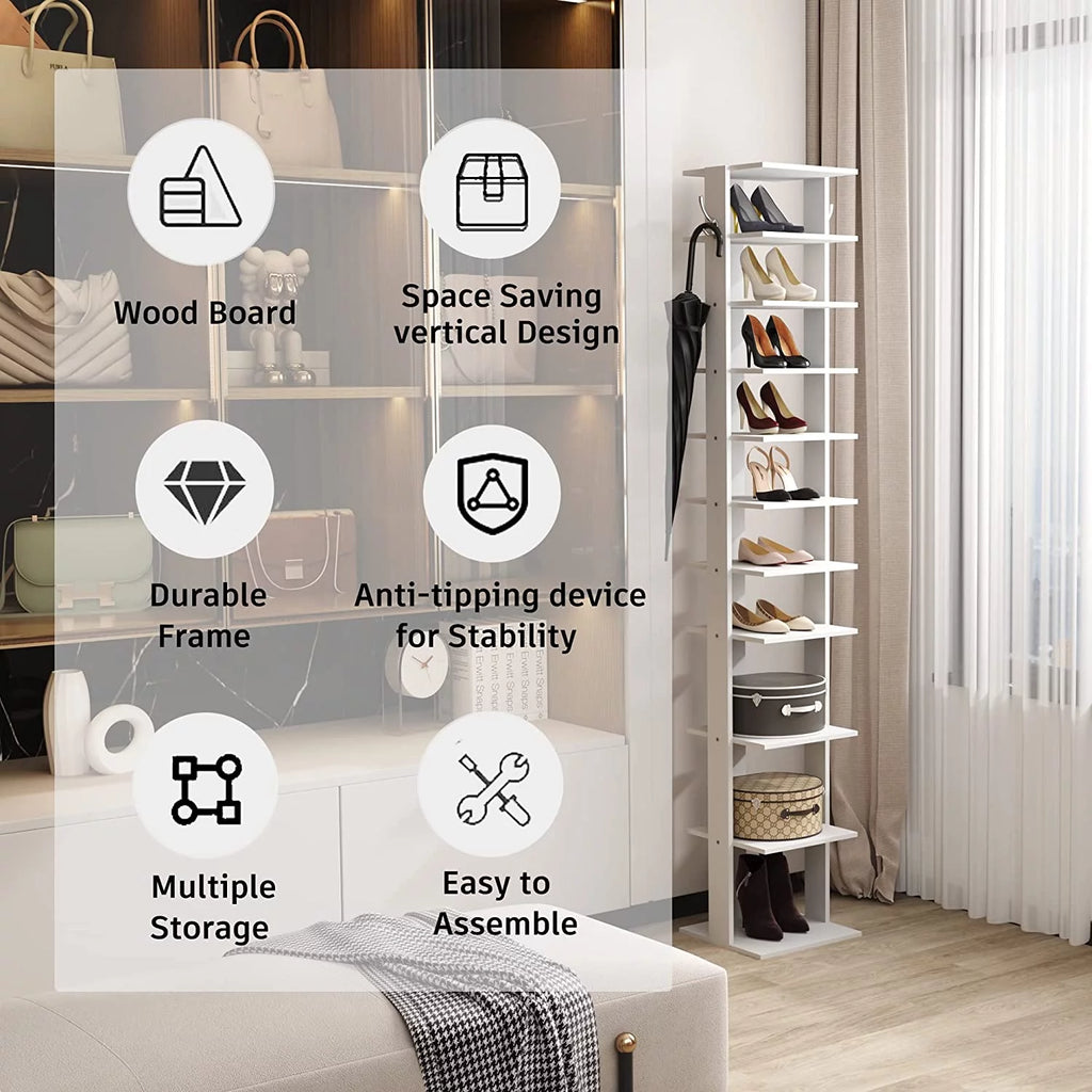 10-Tier Vertical Shoe Rack, Corner Shoe Tower, Slim Shoe Organizer with Two Hanging Hooks, Wooden Shoe Storage Stand (White) N684683