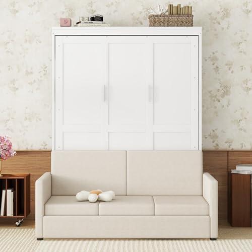 White Queen Size Wood Murphy Bed with Cushion T64867