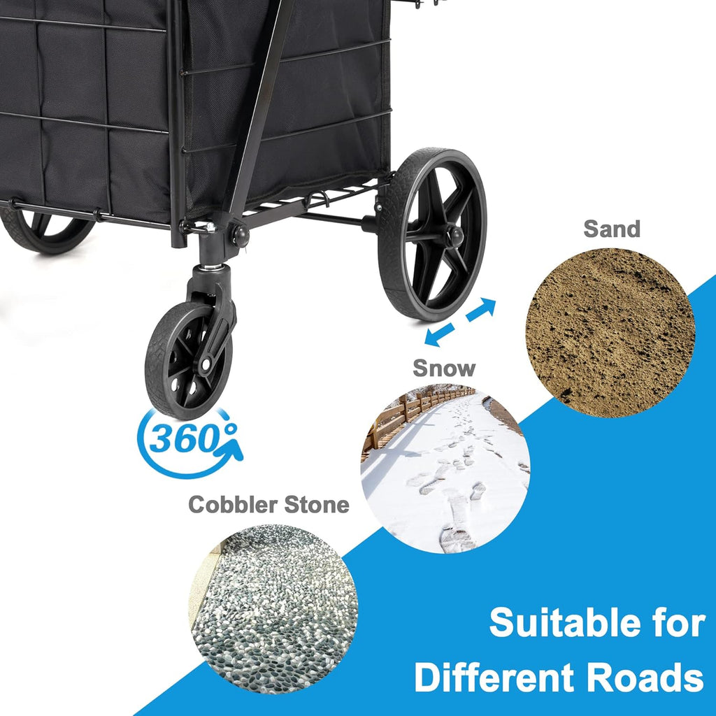 Folding Shopping Cart with Wheels Removable Oxford Cloth Liner Compact Utility Cart Black A6173
