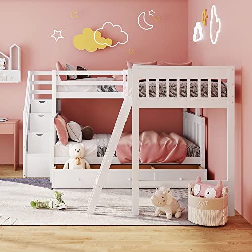 Twin over Full Triple Bunk Bed with Drawers and Stairway, L-Shaped Bunk Bed and Loft Bed Combo with Storage Compartment (Espresso) A737