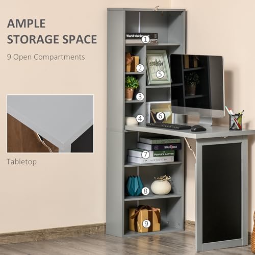 Grey Wall Mount Desk Cabinet with Blackboard and Side Shelf M8497