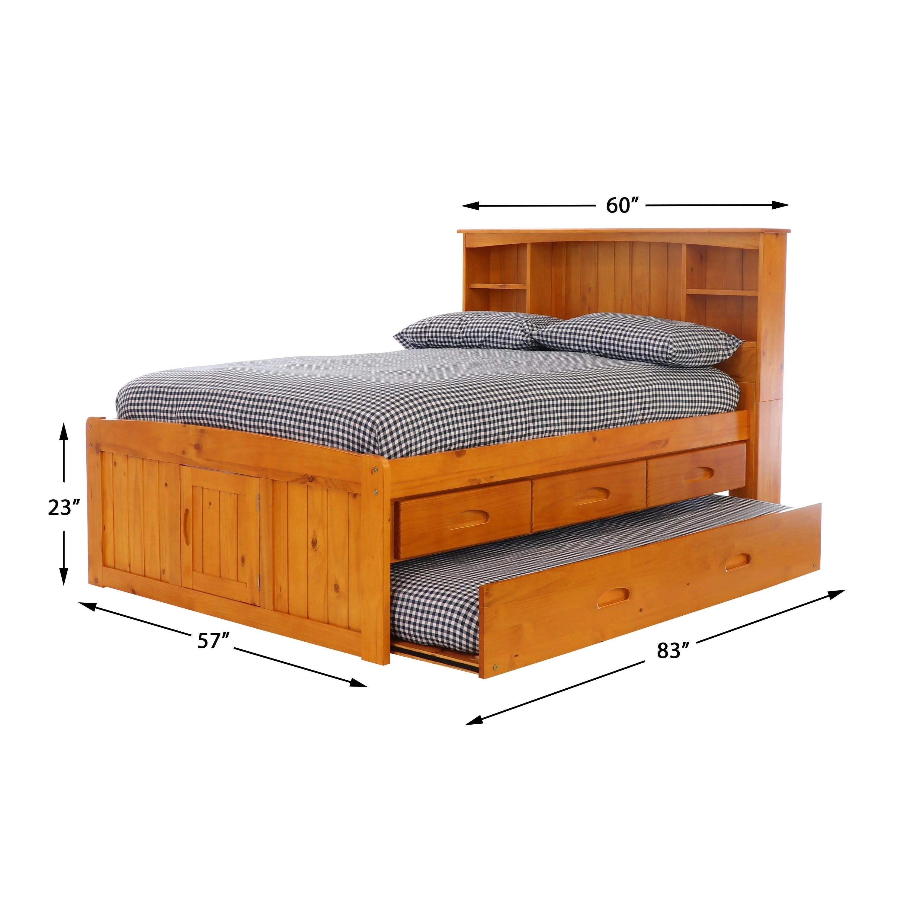Solid Pine Full Captains Bookcase Bed with 3 Drawers and Twin Sized Trundle in Warm Honey U65643