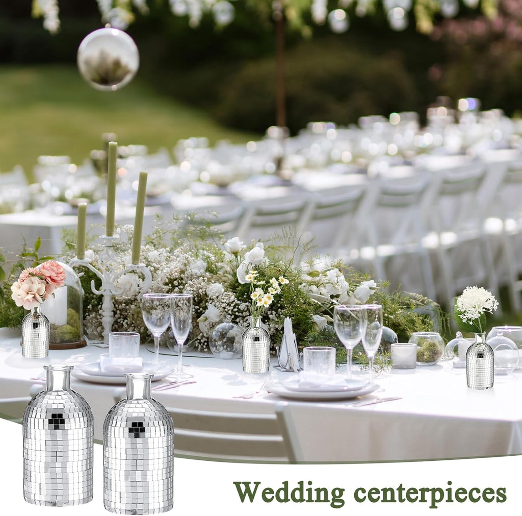 6 Pcs Disco Ball Mini Vase 5in Small Glass Bud Vase Silver Mirror Vase G9693
