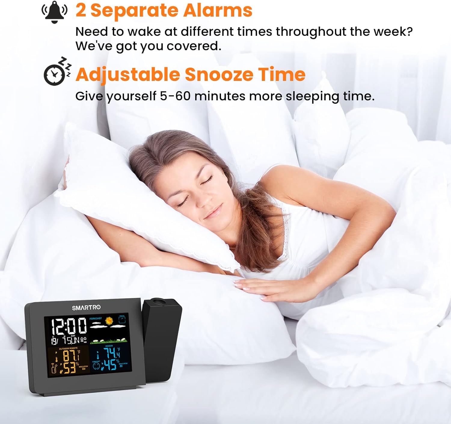 Projection Alarm Clock with Weather Station, Wireless Indoor Outdoor Thermometer, Temperature Humidity Monitor R4217