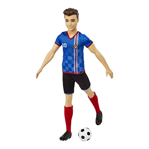 Ken Fashion Doll with Short Cropped Hair, Uniform, Tall Socks, Cleats & Ball D14055
