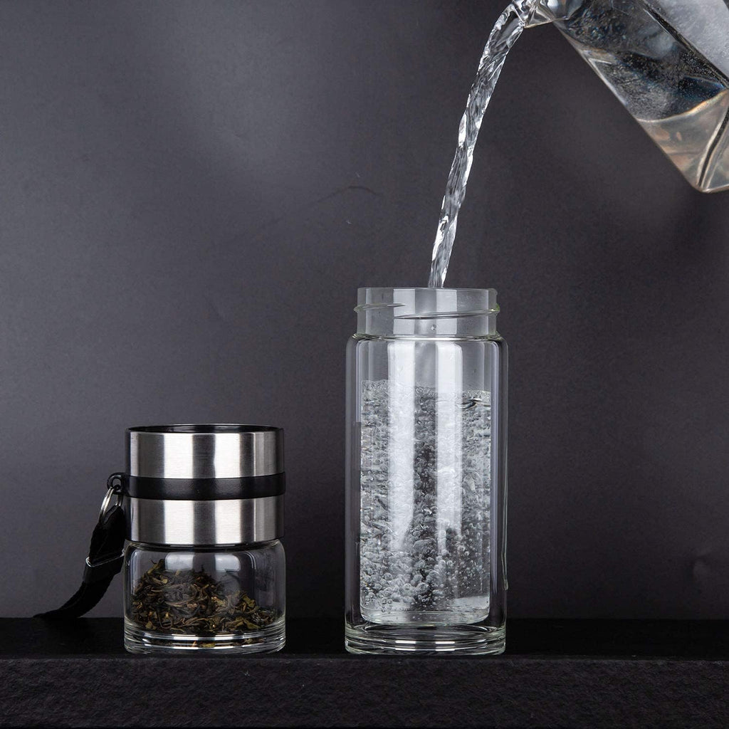 Glass Tea Infuser Bottle Double Wall Borosilicate Portable Travel Tumbler Mug Leakproof 13 OZ N347