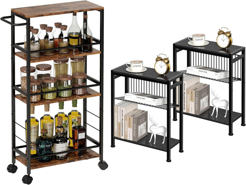 Small End Table Set of 2 & 4-Tier Narrow Kitchen Storage Carts I940