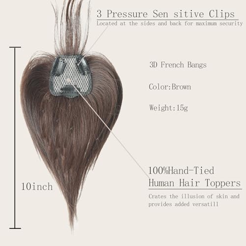 10 inch 3D French Bangs Real Human Hair Clip in Hair Topper, Brown C426
