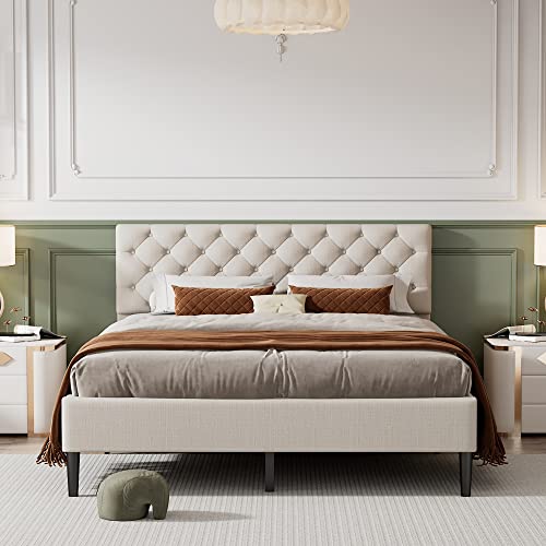 Gray Twin Upholstered Linen Platform Bed with Adjustable Headboard W502