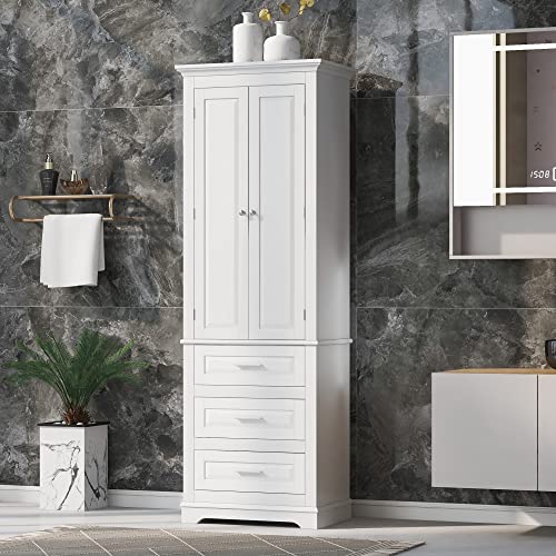 White 2 Door Tall Bathroom Storage Cabinet with 3 Drawers and Adjustable Shelves T5371