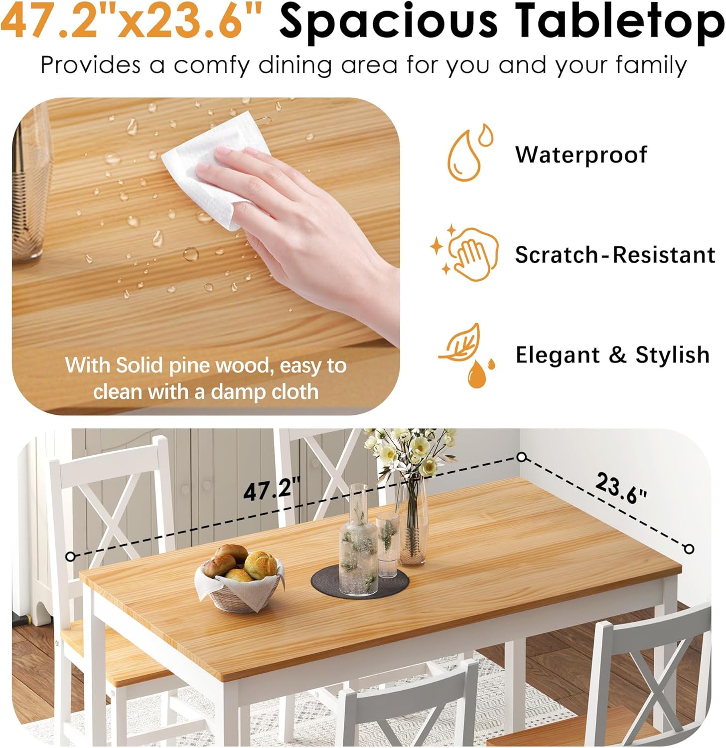 5 Piece Pine Wood Dining Table Set with 4 Chairs N772