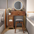 Wooden Vanity Desk with Mirror and Lights and Drawers with Cushioned Stool R27633