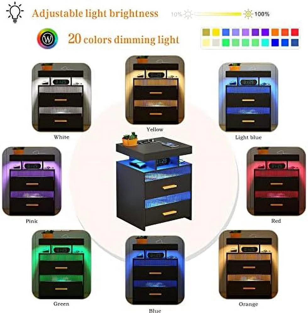 Gray Set of 2 Nightstands with 2 Drawers & LED Lights S257